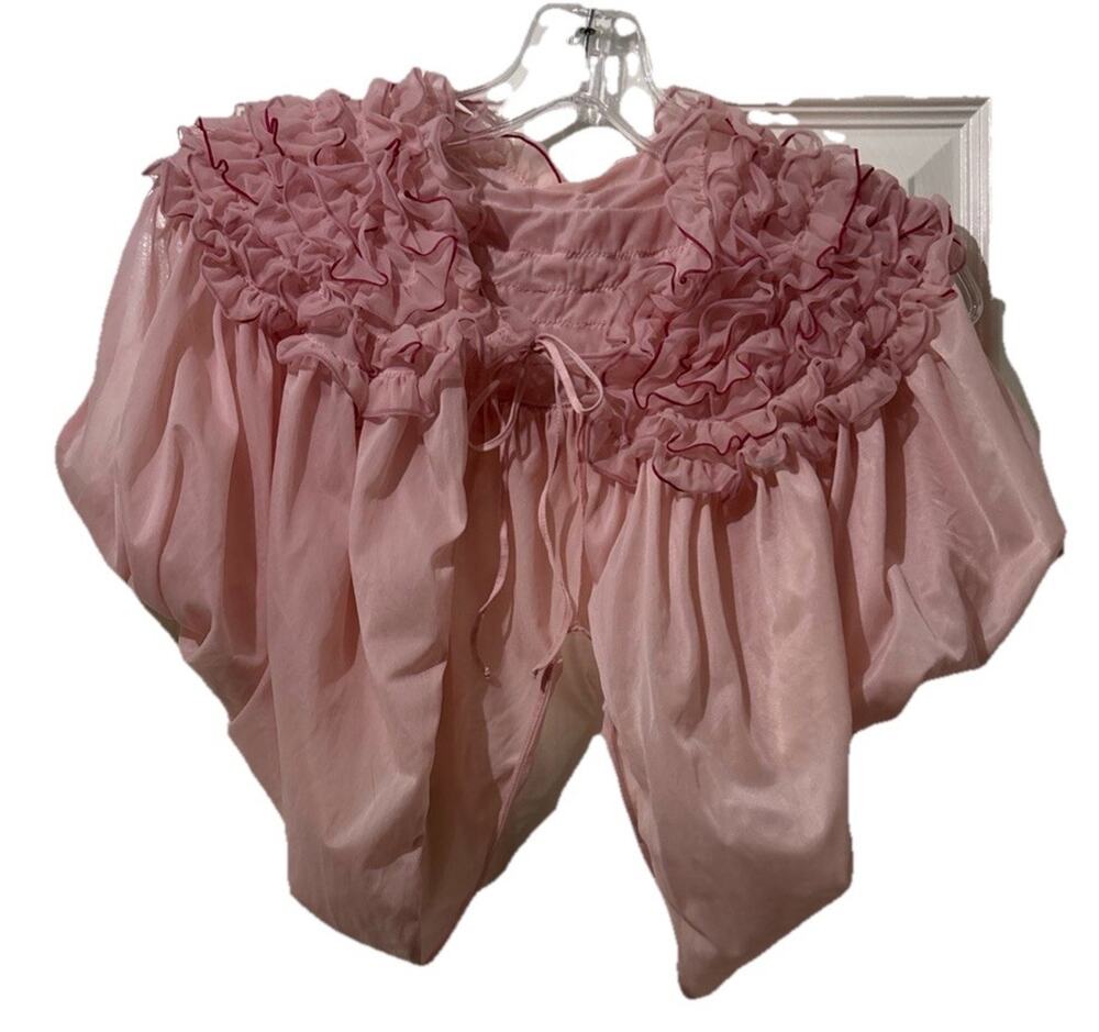 Vintage Vanity Fair Pink Nylon Tricot Chiffon Ruffle Bed Jacket Peignoir Size S